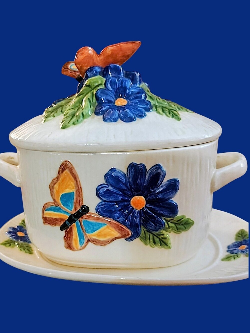 Charming Cottagecore Handmade 3D Butterfly Ceramic Covered Soup Tureen&Platter